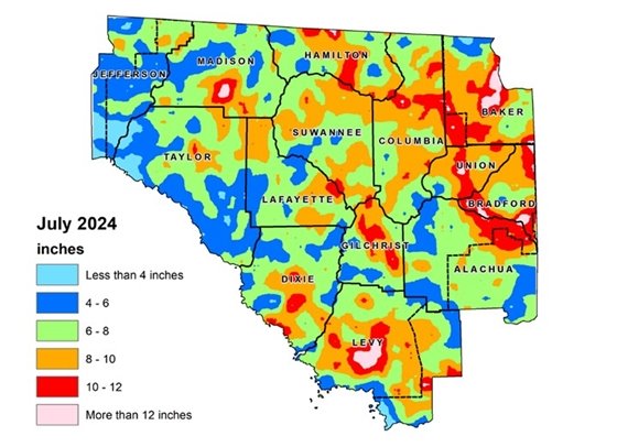 Map of the Suwannee River Water Management District that shows rainfall totals for September