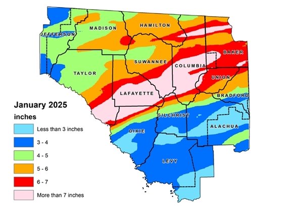 Map of the Suwannee River Water Management District that shows rainfall totals for September