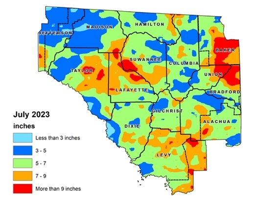 Map of the Suwannee River Water Management District that shows rainfall totals for September