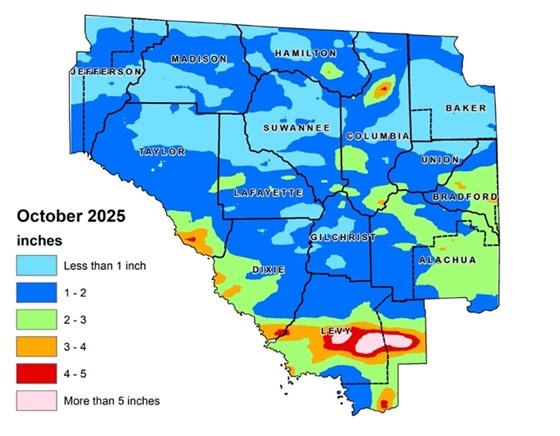 Map of the Suwannee River Water Management District that shows rainfall totals for September