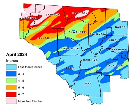 Map of the Suwannee River Water Management District that shows rainfall totals for September