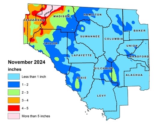 Map of the Suwannee River Water Management District that shows rainfall totals for September