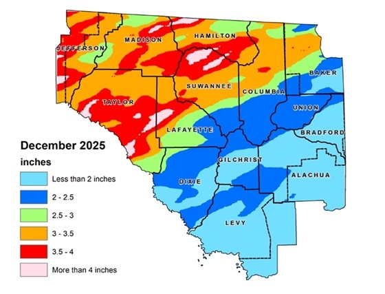 Map of the Suwannee River Water Management District that shows rainfall totals for September