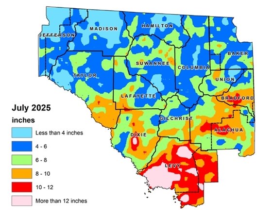 Map of the Suwannee River Water Management District that shows rainfall totals for September