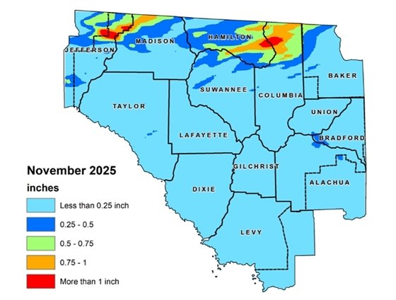 Map of the Suwannee River Water Management District that shows rainfall totals for September