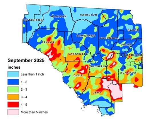 Map of the Suwannee River Water Management District that shows rainfall totals for September