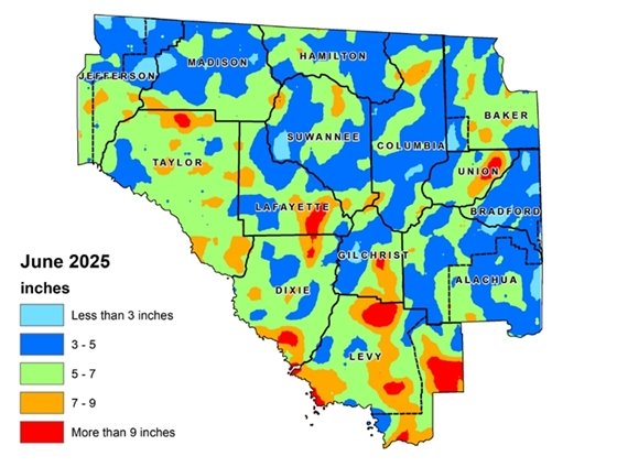 Map of the Suwannee River Water Management District that shows rainfall totals for September