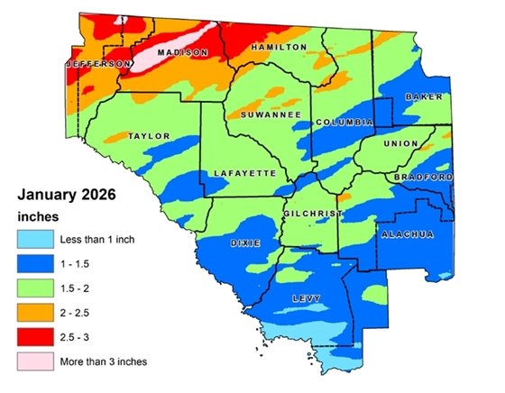 Map of the Suwannee River Water Management District that shows rainfall totals for September