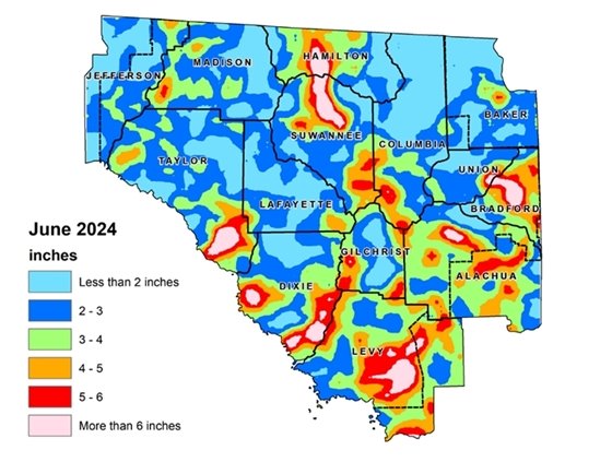 Map of the Suwannee River Water Management District that shows rainfall totals for September
