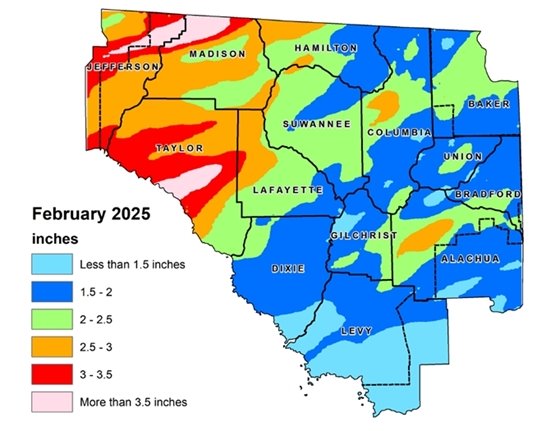 Map of the Suwannee River Water Management District that shows rainfall totals for September