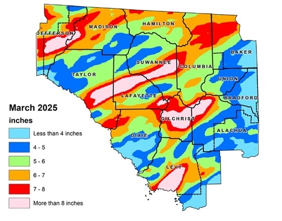 Map of the Suwannee River Water Management District that shows rainfall totals for September