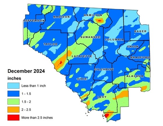 Map of the Suwannee River Water Management District that shows rainfall totals for September