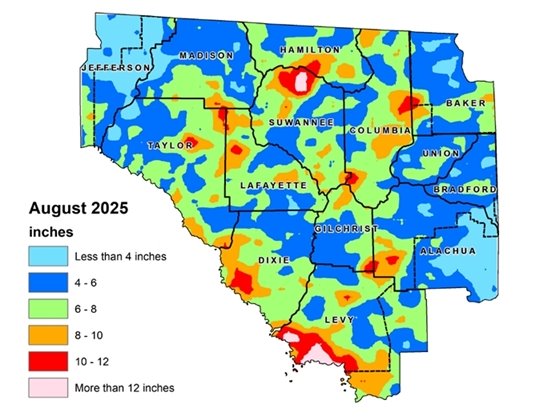 Map of the Suwannee River Water Management District that shows rainfall totals for September