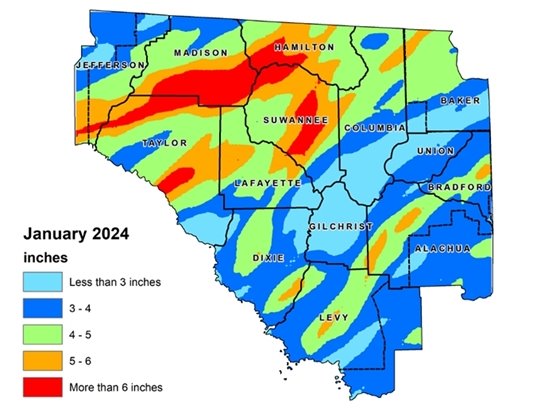 Map of the Suwannee River Water Management District that shows rainfall totals for September