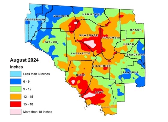 Map of the Suwannee River Water Management District that shows rainfall totals for September