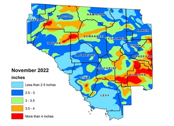 Map of the Suwannee River Water Management District that shows rainfall totals for September