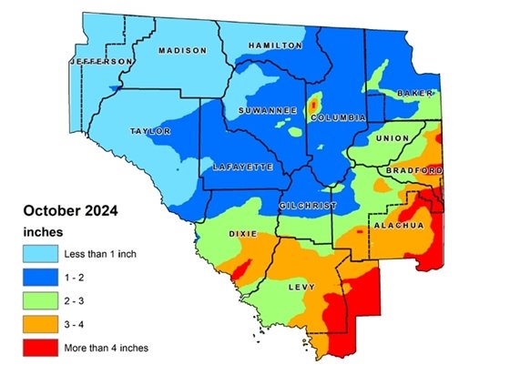 Map of the Suwannee River Water Management District that shows rainfall totals for September