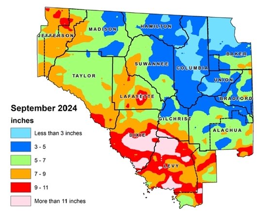 Map of the Suwannee River Water Management District that shows rainfall totals for September